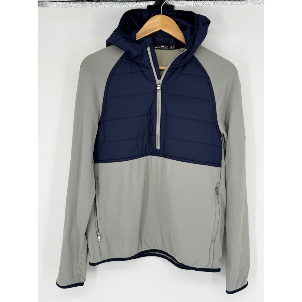 RLX Ralph Lauren Mens Hybrid Quarter-Zip Hoodie Grey Navy Wool Blend S Bellagio